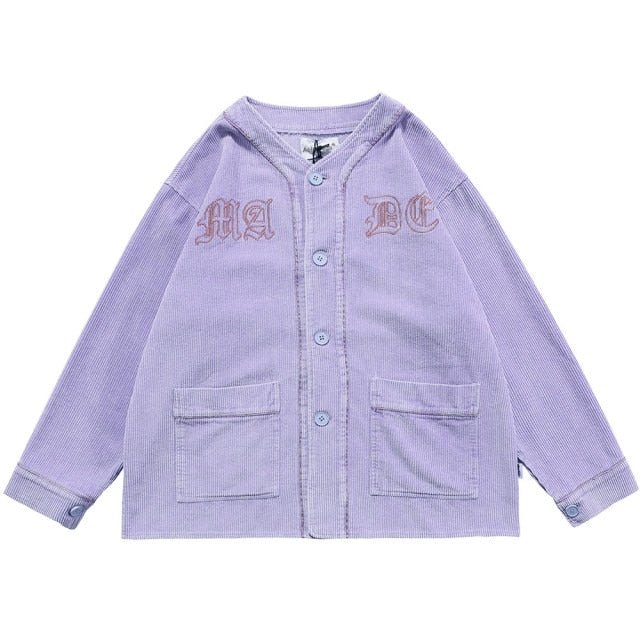 Corduroy V-Neck Punk Letter Embroidery Japanese Coat Jacket Men Casual Harajuku Vintage All-match Lovers Streetwear Men