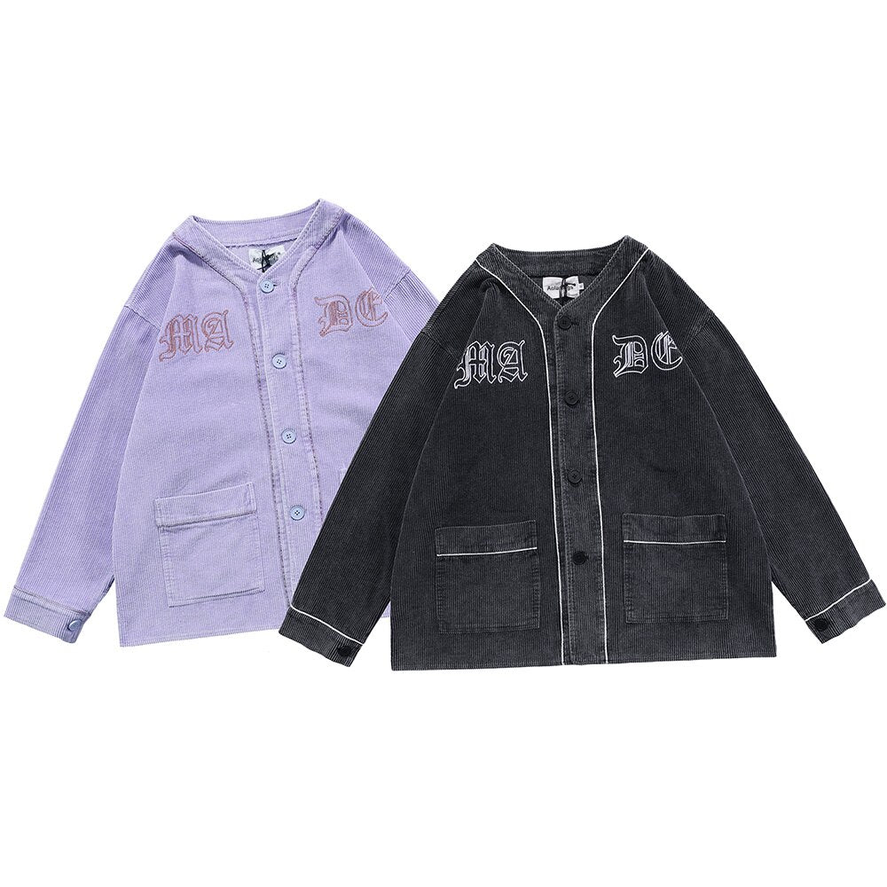 Corduroy V-Neck Punk Letter Embroidery Japanese Coat Jacket Men Casual Harajuku Vintage All-match Lovers Streetwear Men